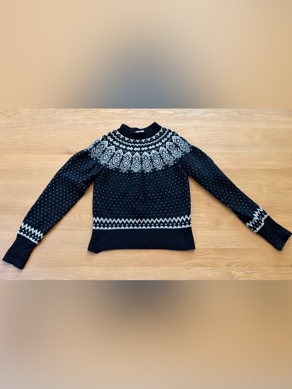 Vintage Handmade Danish 100% Wool Black, Gray and White/Cream Fair Isle Sweater